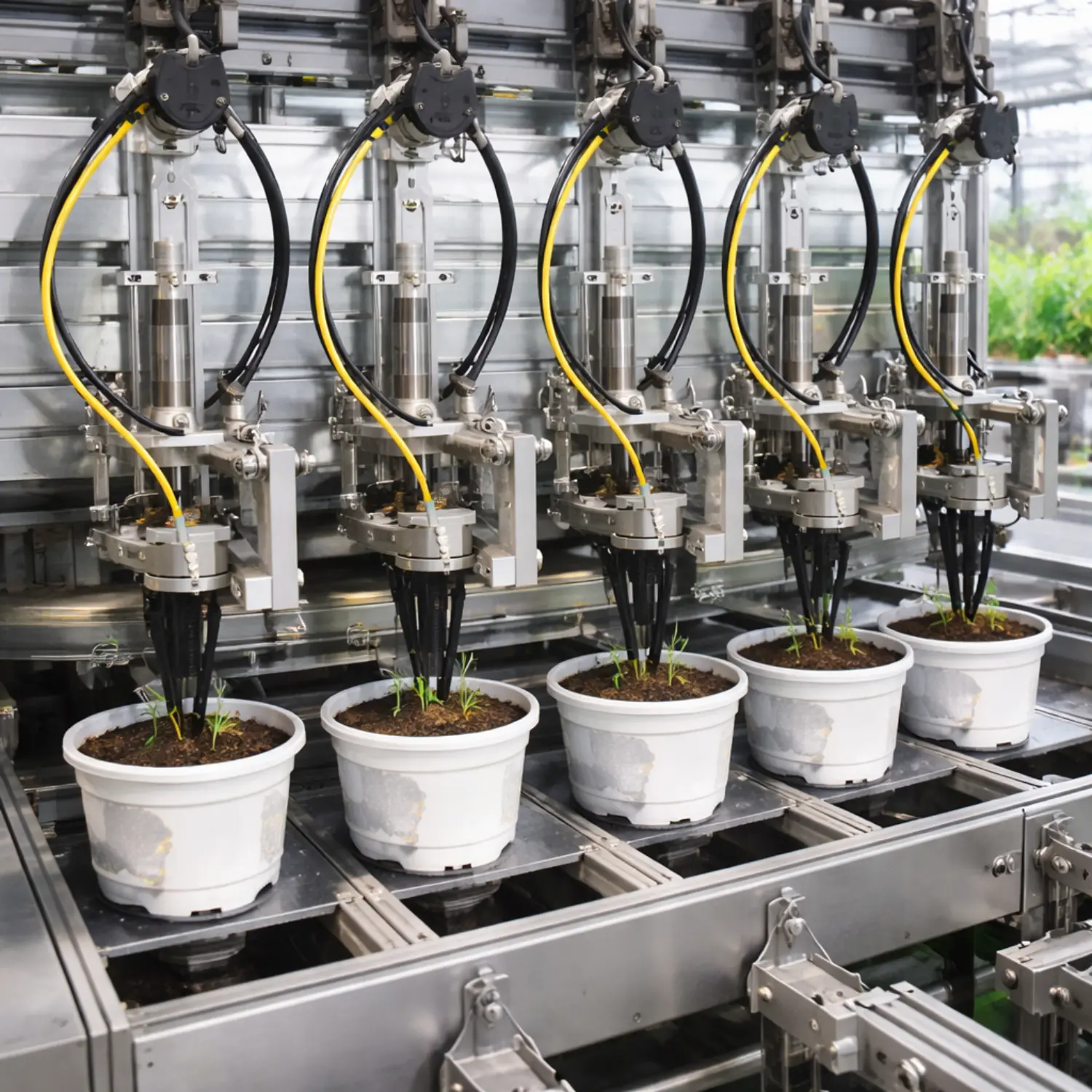 Close-up view of transplanter heads placing young plants into pots during automated transplanting