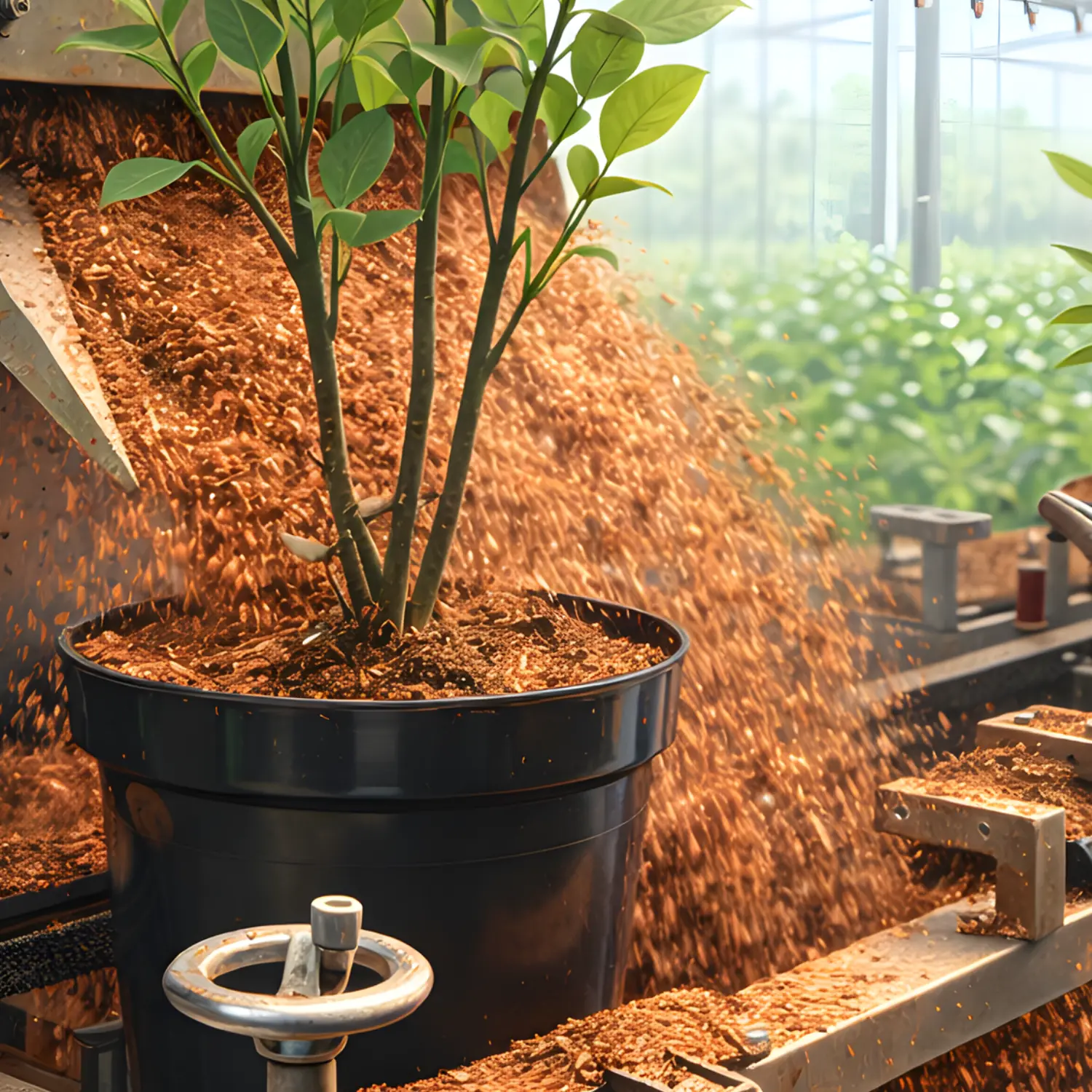 Close-up view of bark mulch being distributed by a bark topper machine into pots.