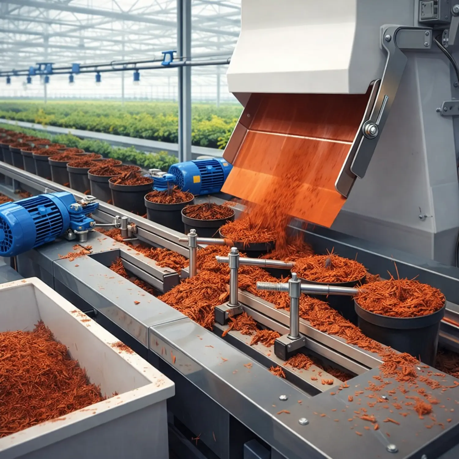 Bark topper machine evenly applying bark mulch into empty plant pots on a conveyor.