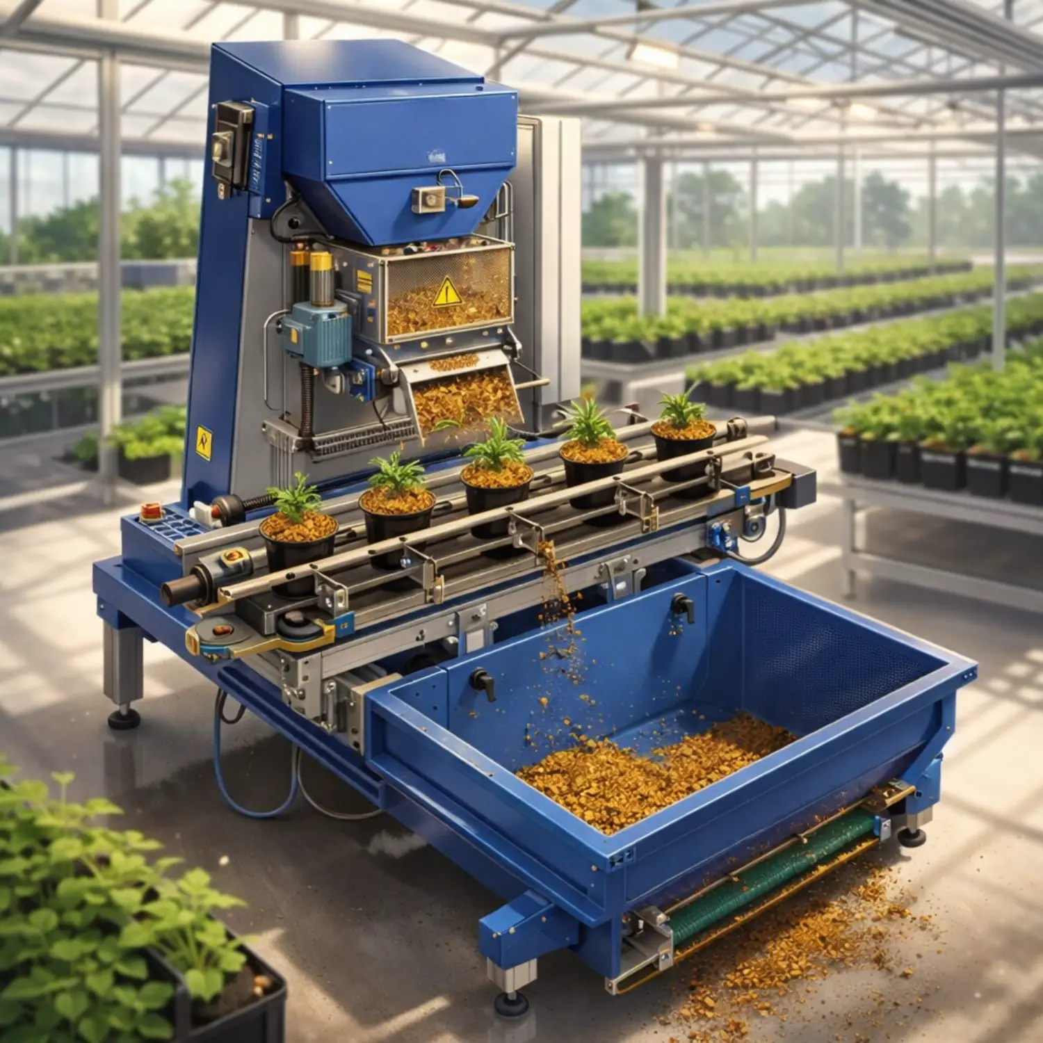 Bark topper machine operating in a modern industrial greenhouse environment.