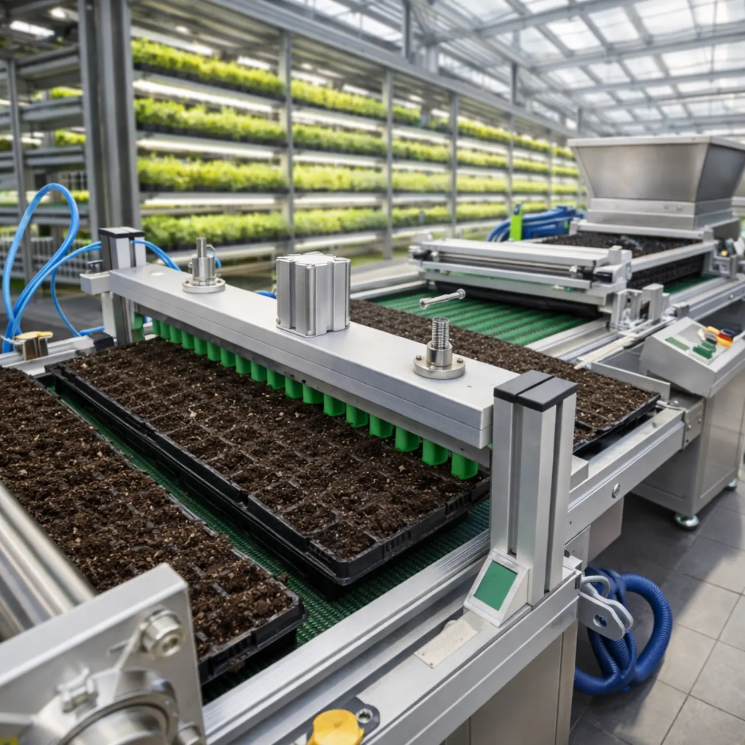Industrial seedling line machine preparing soil trays in a controlled greenhouse setting.