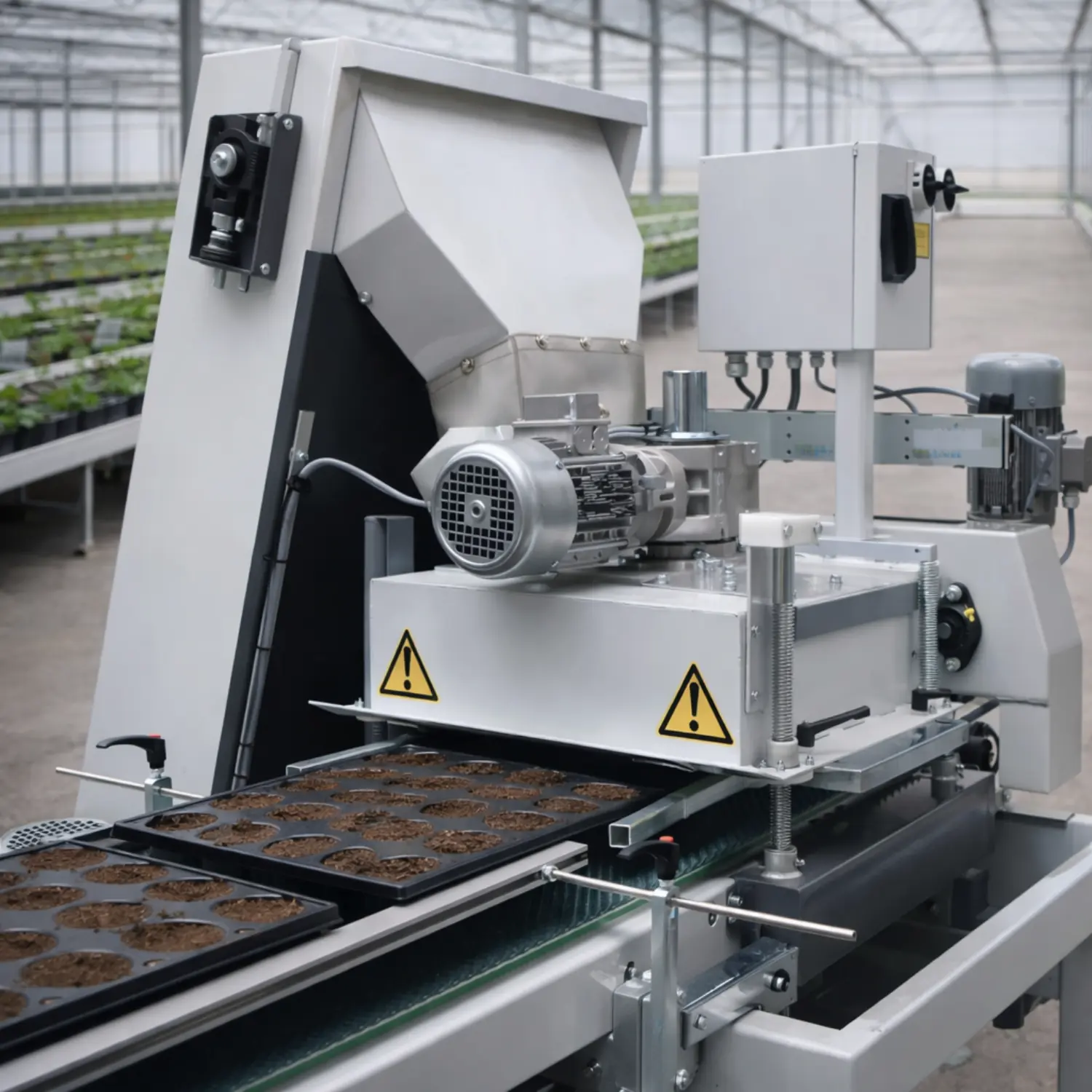 Tray filler machine operating during the tray filling process in a greenhouse